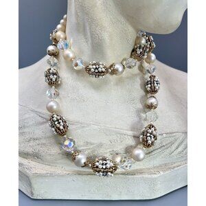 Vintage Signed Vendome Ornate Goldtone AB Crystal Rhinestone Pearl Necklace